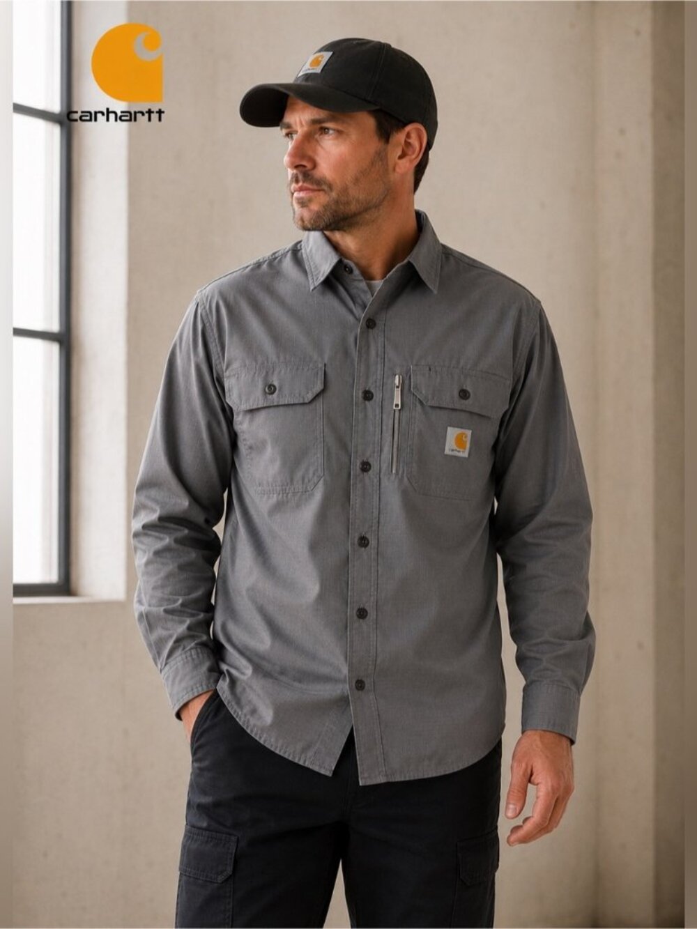 Carhartt Rugged Flex Work Shirt Gray Ripstop Button Front Men’s Medium